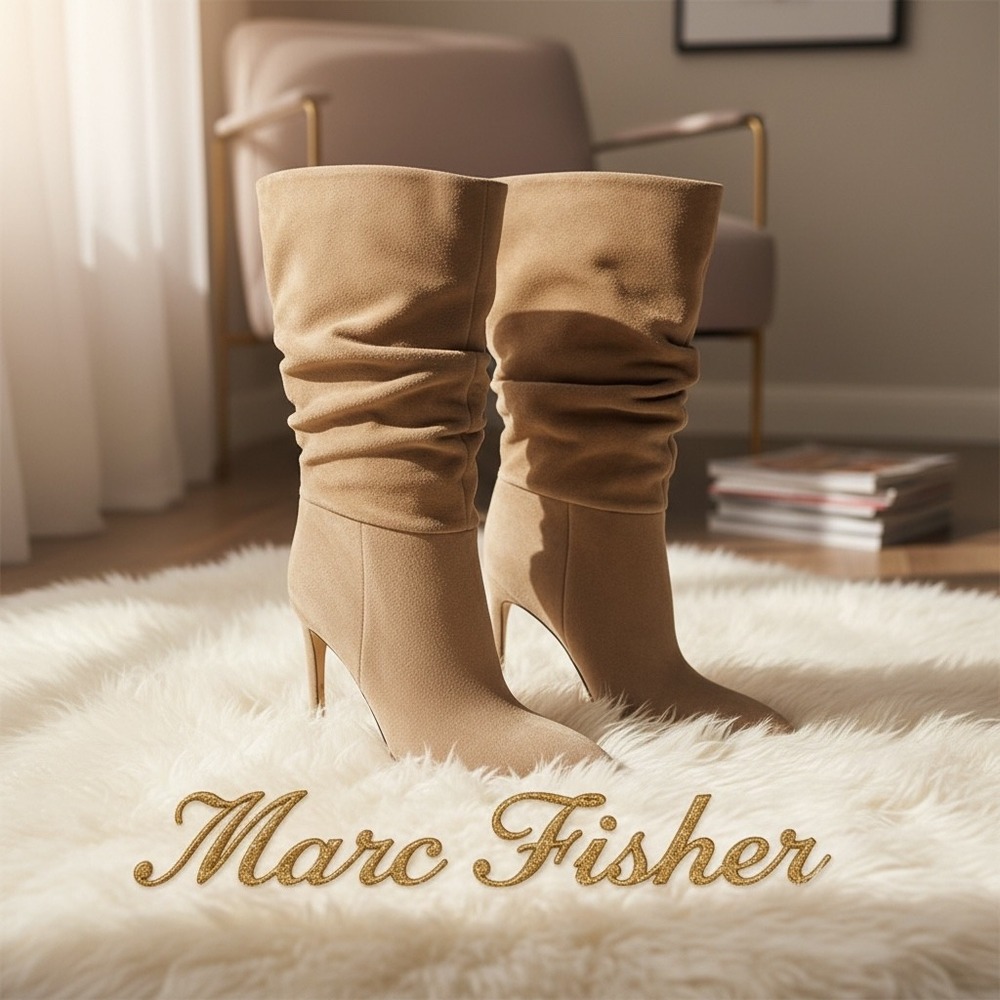 Tan Suede Slouchy Pointed Toe Stiletto Mid-Calf Boots Womens Size 8